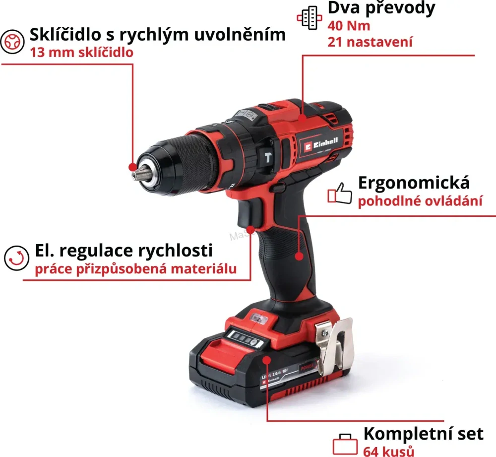 EINHELL Vrtačka AKU s příklepem TE-CD 18/40 Li-i + 64 ks příslušentsví, 4513992 (2x2 Ah