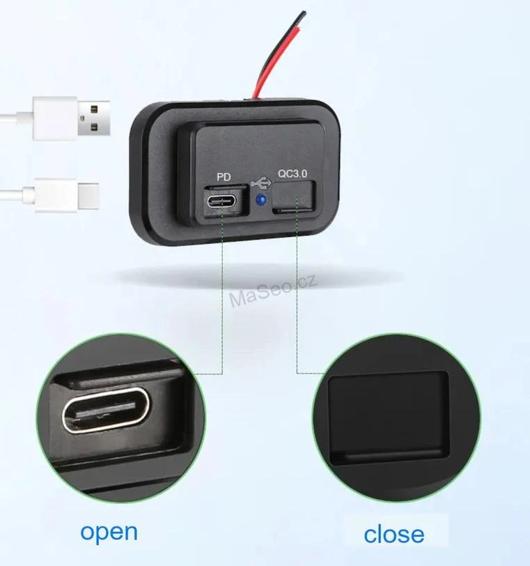 USB QC3.0 + USB-C zásuvka 12/24V, montáž na povrch, lineární