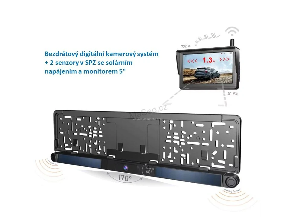 SET bezdrátový digitální kamerový systém + 2 senzory v SPZ se solárním napájením a monitorem 5"