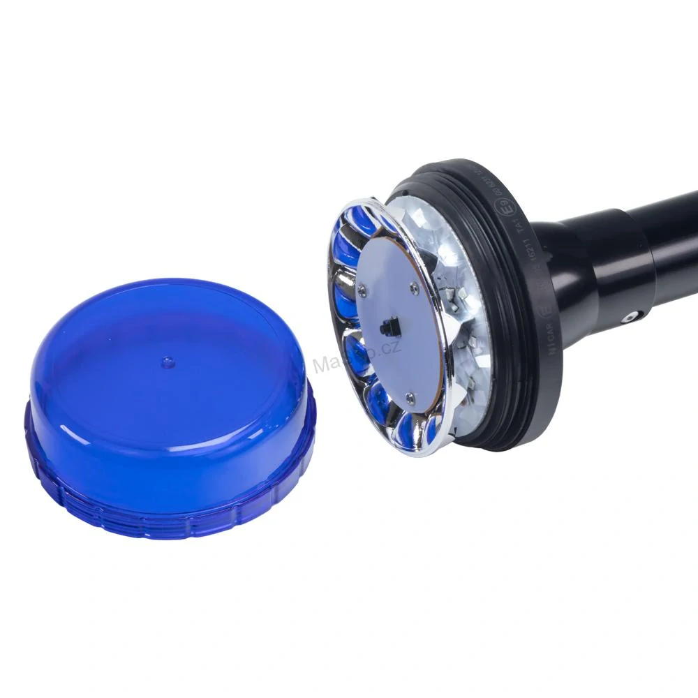 LED maják, 12-24V, 12x3W modrý s teleskopickou tyčí na motocykl, ECE R10