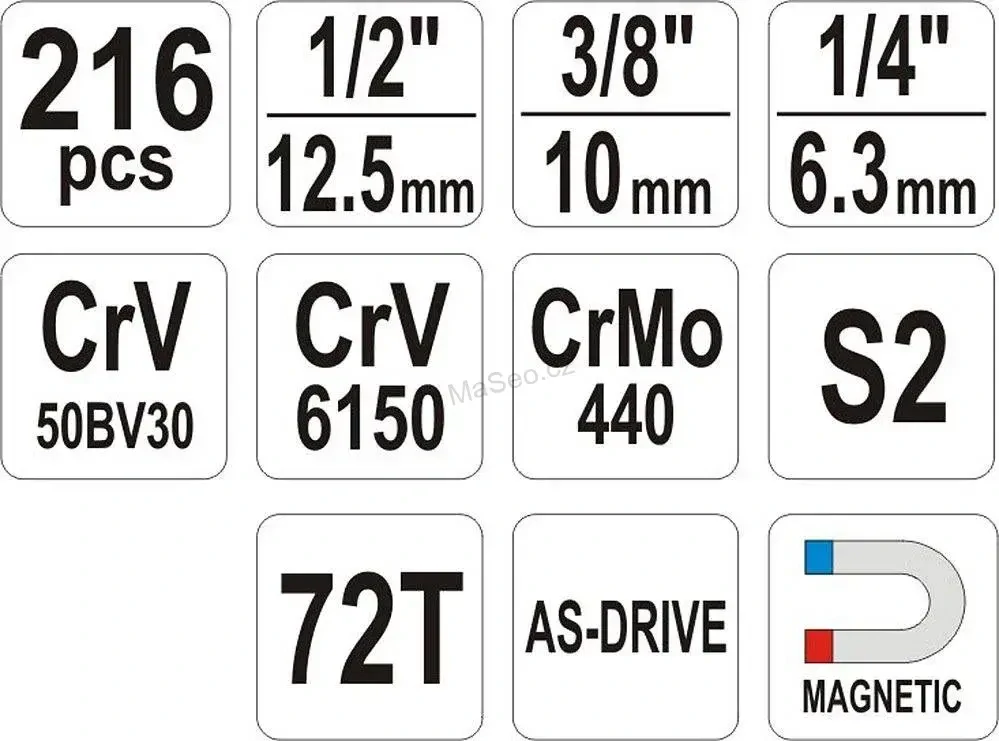 YATO Gola sada 1/2", 3/8", 1/4" 216 ks