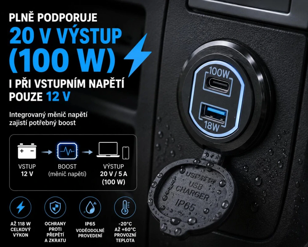 USB QC3.0 + USB-C 100W/20V zásuvka 12/24V
