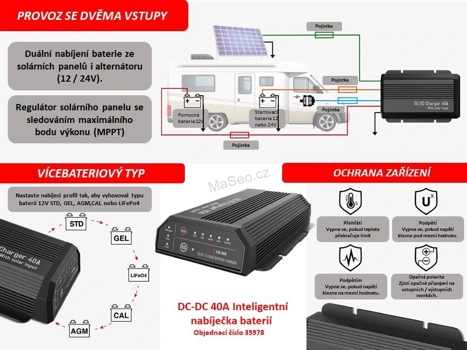 DC-DC 40A Inteligentní nabíječka pro nabíjení sekundární (druhé) baterie ve voze + solární vstup