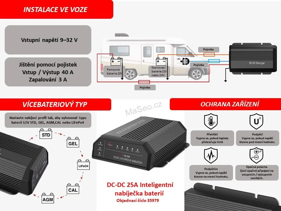 DC-DC 25A Inteligentní nabíječka pro nabíjení sekundární (druhé) baterie ve vozidle CARCLEVER