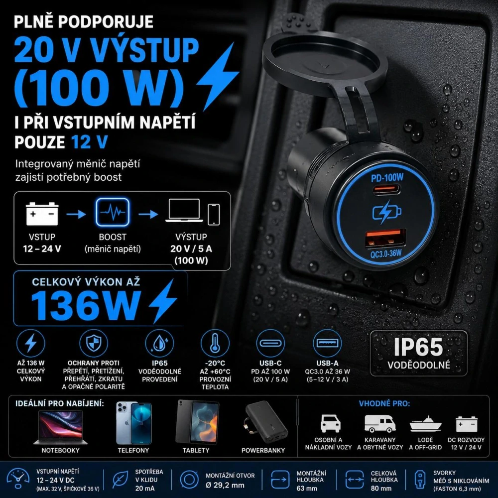 USB QC3.0 + USB-C 100W/20V zásuvka 12/24V